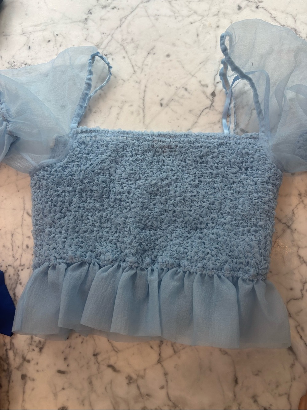 STAUD Sky Blue Smocked Puff-Sleeve Crop Top